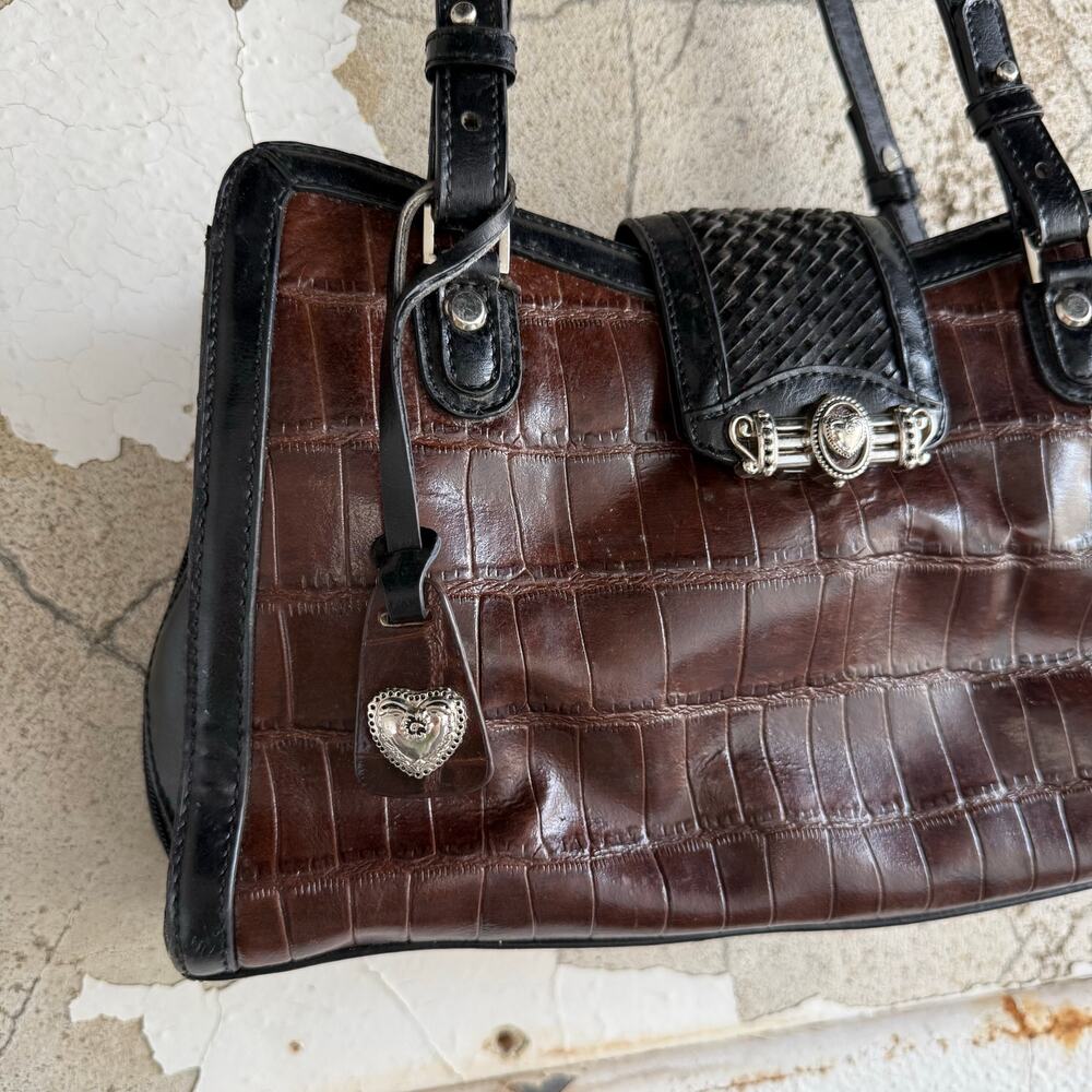 M.C. Croc Embossed Shoulder Bag Woven Flap Heart Charm Black Brown Satchel Purse